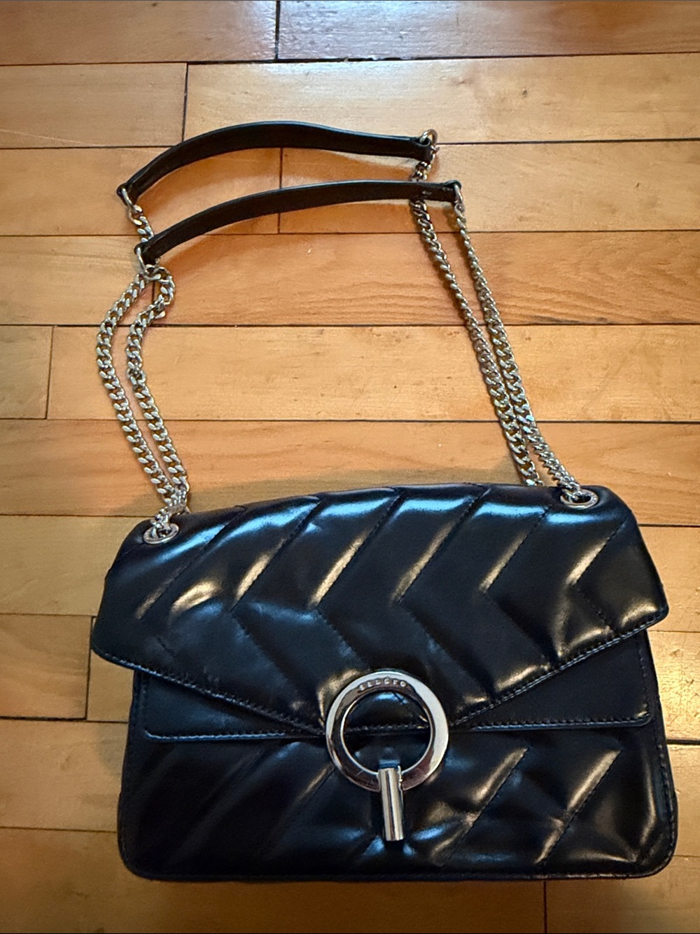 Sandro Yza Black leather Quilted Shoulder Bag with Ring Accent and silver chain